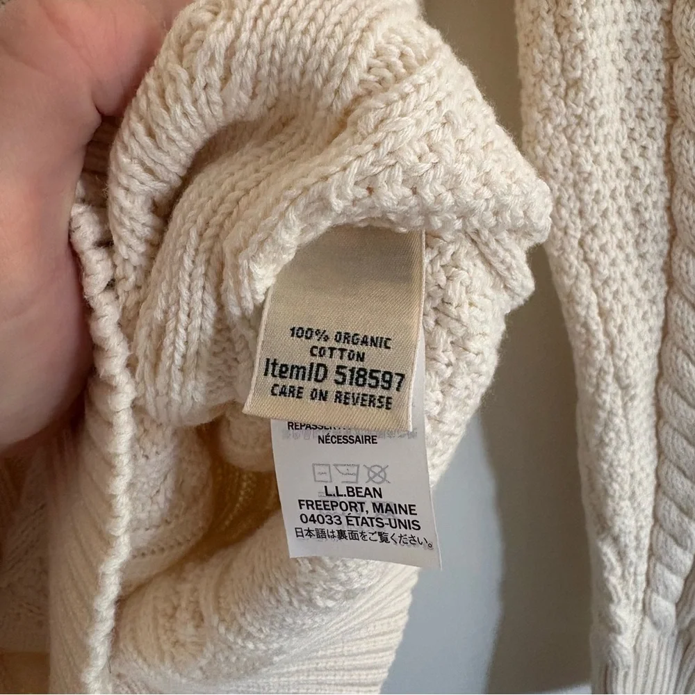 L.L Bean Cream Cable Knit Sweater Women’s Size L 100% Organic Cotton Fisherman - Picture 3 of 8